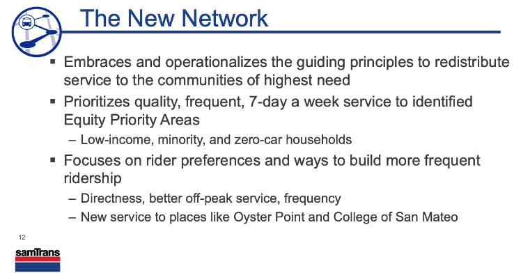 A slide from a presentation about the new SAMTRANS bus network details the changes in the plan