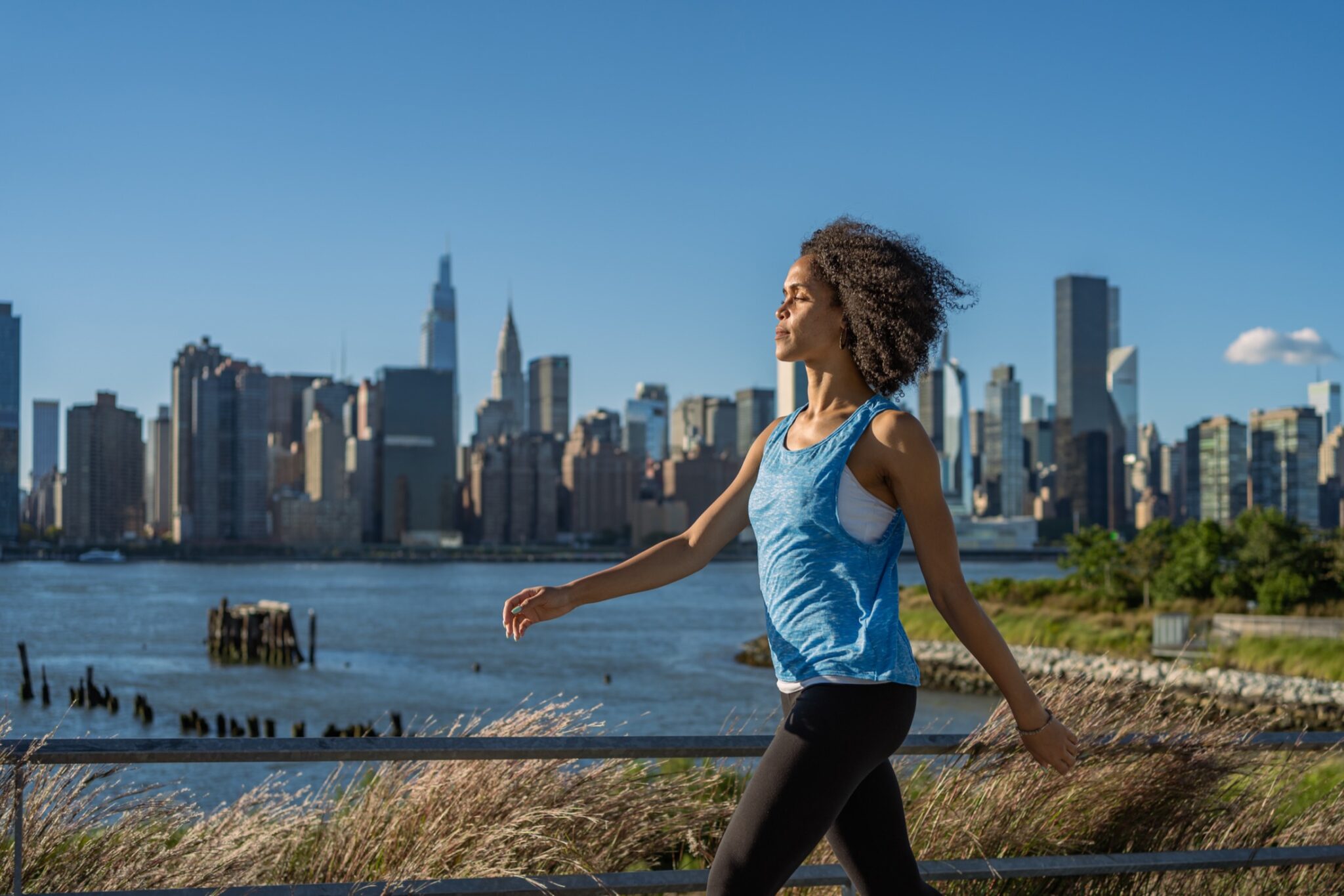 Beautiful black woman exercising outdoors in New York City