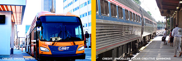 Orbit bus in Omaha and Amtrak train in Pennsylvania