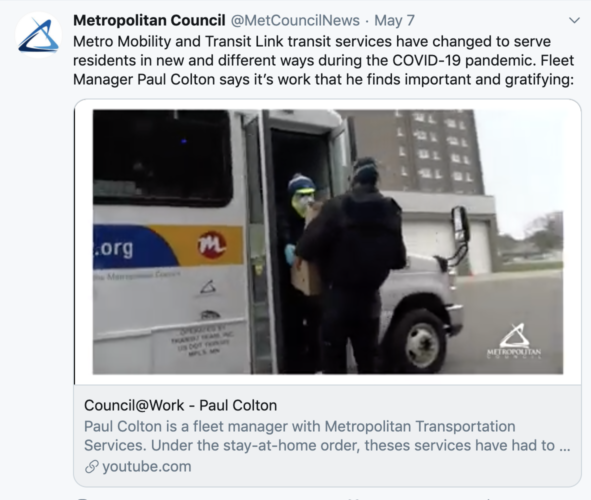 Screenshot of Tweet from Metropolitan Council promoting Metro Mobility Service Pivot