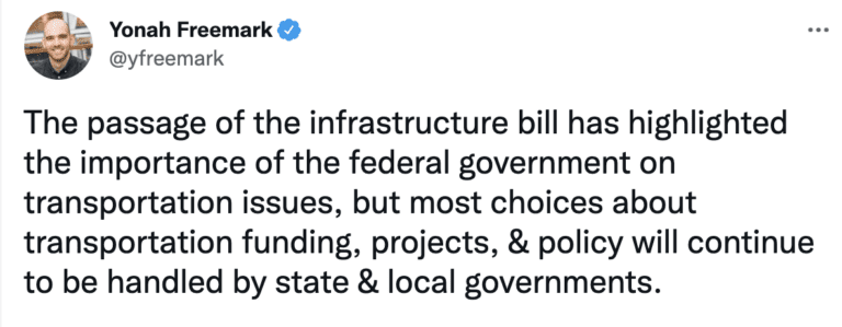 Tweet by Yonah Freemark about state and local role in allocating federal funding