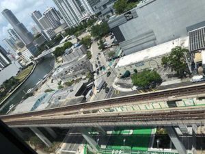 a view from above of Metrorail and The Underline and downtown Miami