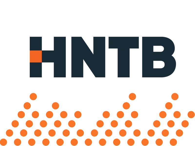 HNTB logo positioned above a row of colorful dots