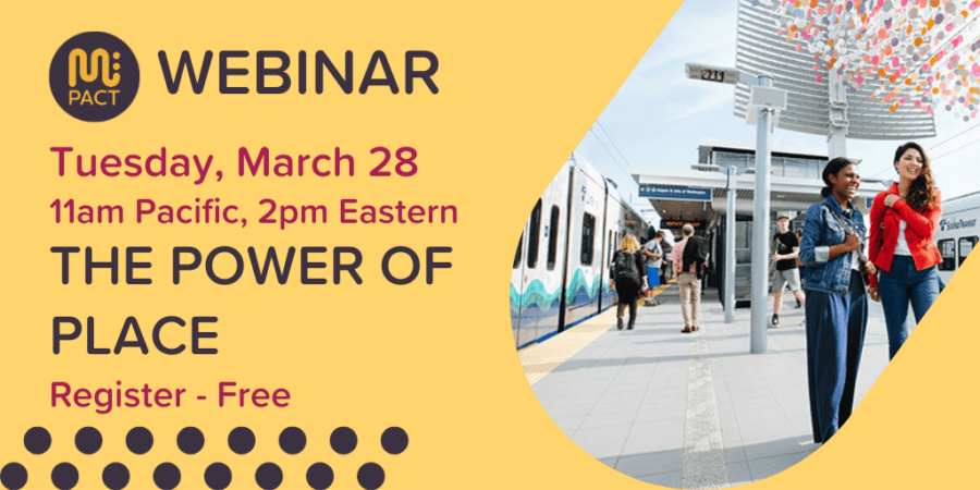 webinar graphic for The Power of Place shows the date and time and an image of people on a train platform with artwork above them