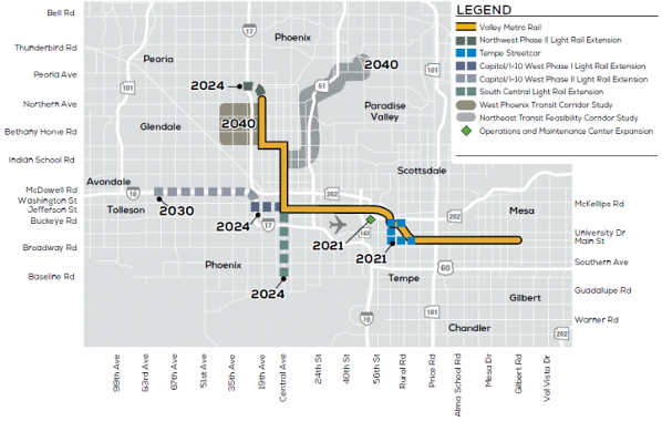 Map of existing and future light rail in the Phoenix metro.