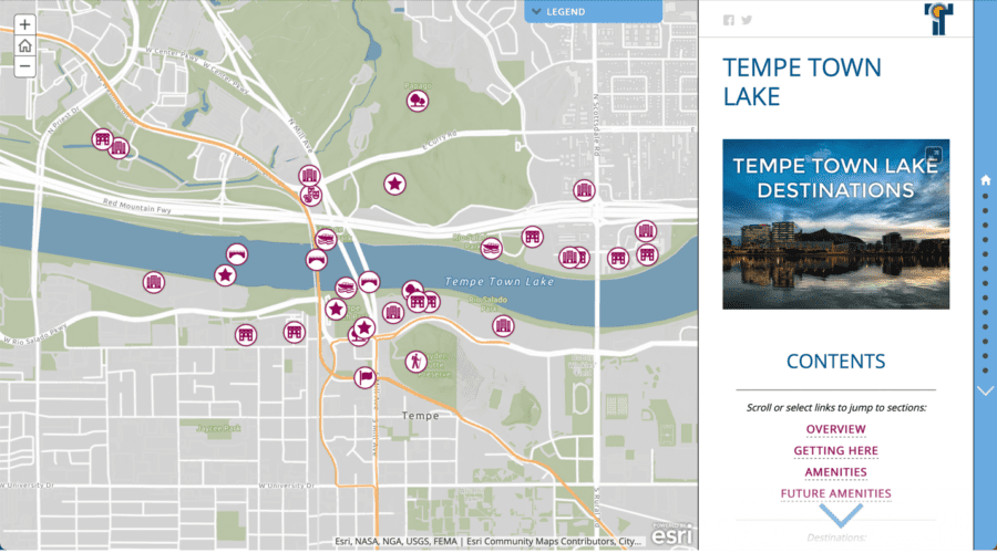 Screenshot of interactive map of Tempe Town Lake that highlights amenities and destinations