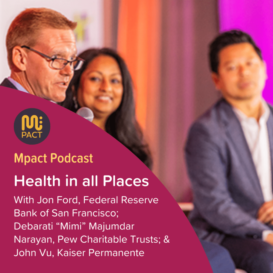 Podcast graphic for Episode 75 Health in All Places shows three people talking