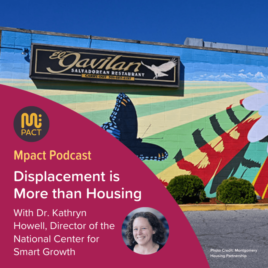 Graphic for Episode 76 of Mpact Podcast shows a restaurant sign and mural along the Purple Line Corridor in Maryland. Photo credit: Montgomery Housing Partnership