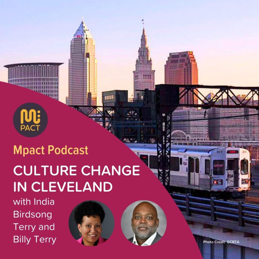 Mpact Podcast Episode 78 Culture Change in Cleveland shows a RideRTA train with Cleveland skyline in the background