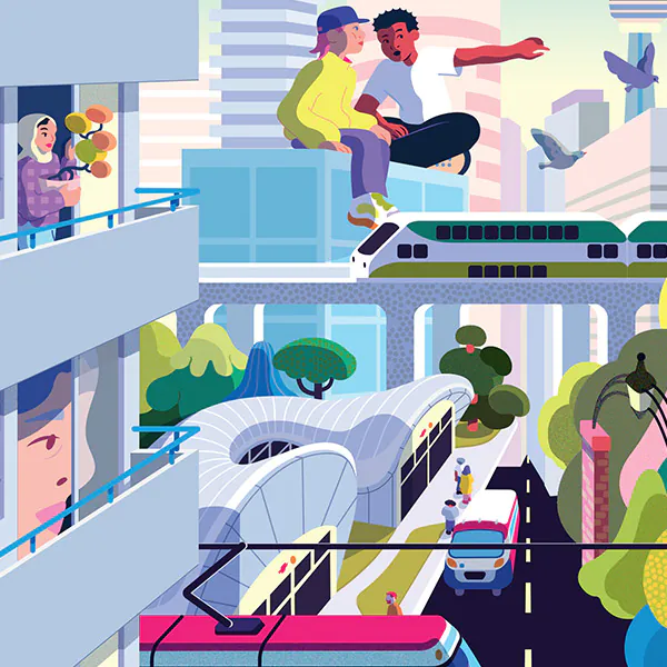 Detail from #MpactTO26 artwork shows a colorful streetview of Toronto